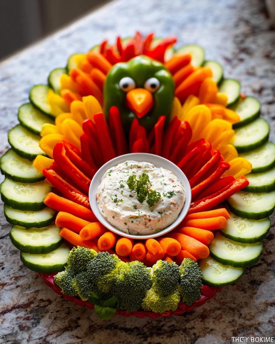 A festive Thanksgiving veggie tray arranged in the shape of a turkey, featuring colorful bell peppers, carrots, broccoli, and cucumber slices around a bowl of dip.