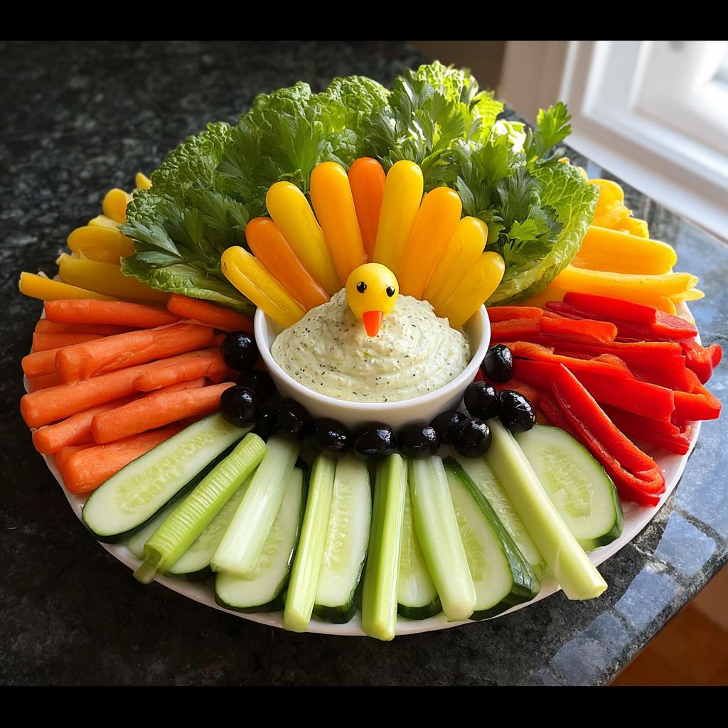 A creative Thanksgiving veggie tray arranged in the shape of a turkey, featuring assorted vegetables and dip.