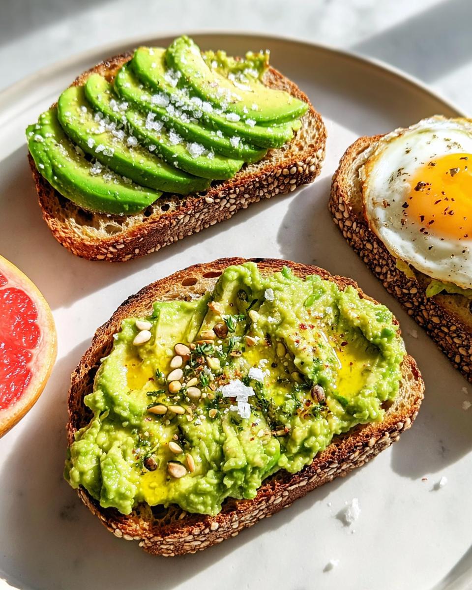Three different styles of healthy Avocado Toast on seeded bread, including sliced, mashed, and topped with an egg.