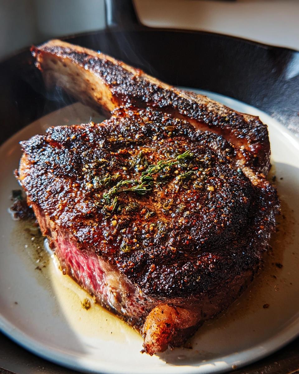 A perfectly cooked Tomahawk steak with a thick crust, served on a plate, showcasing its juicy red interior. A restaurant-style dinner idea.
