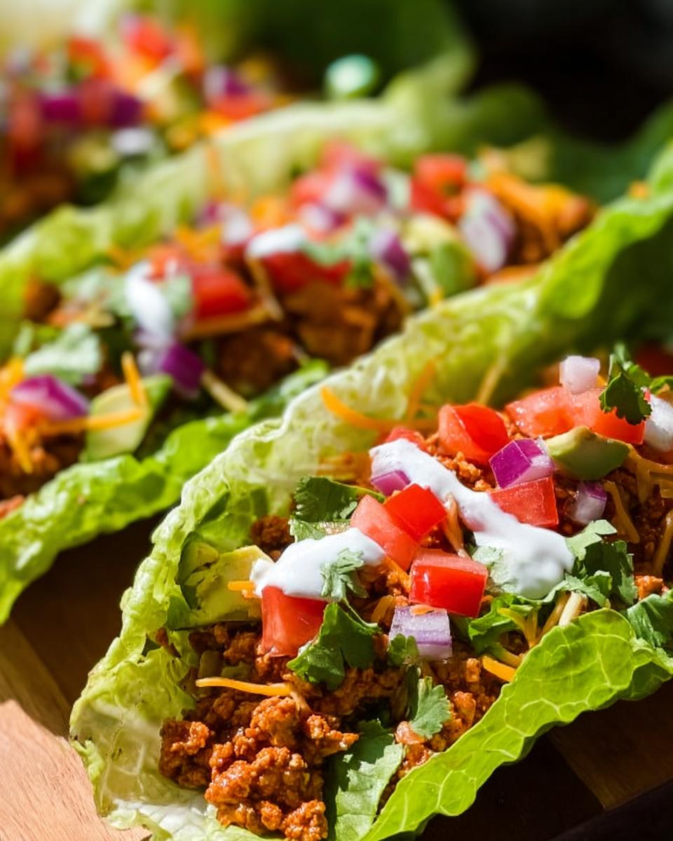 Close-up of fresh Turkey Taco Lettuce Wraps filled with seasoned ground turkey, topped with tomatoes, red onion, and sour cream.