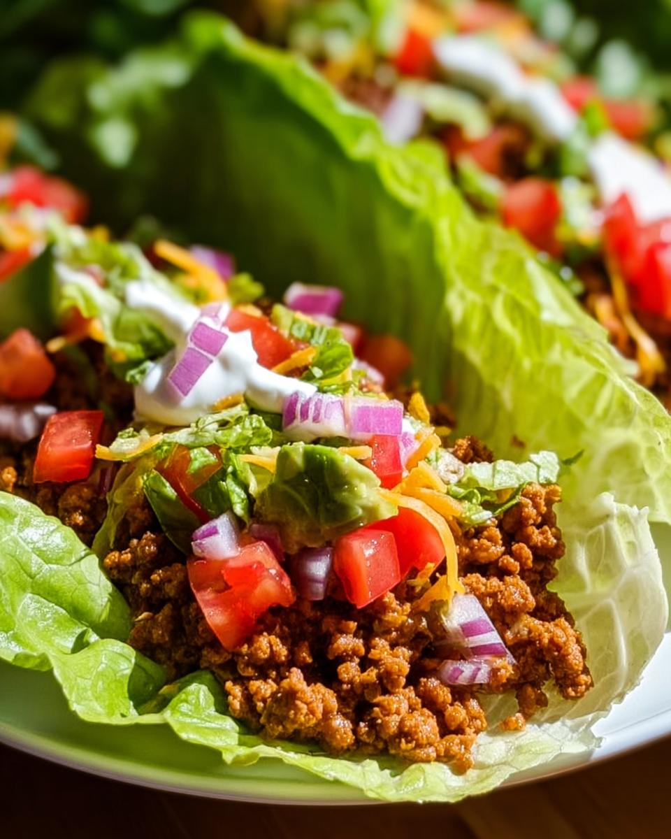 Close-up of vibrant Turkey Taco Lettuce Wraps filled with seasoned ground turkey and topped with tomatoes, onions, and sour cream.