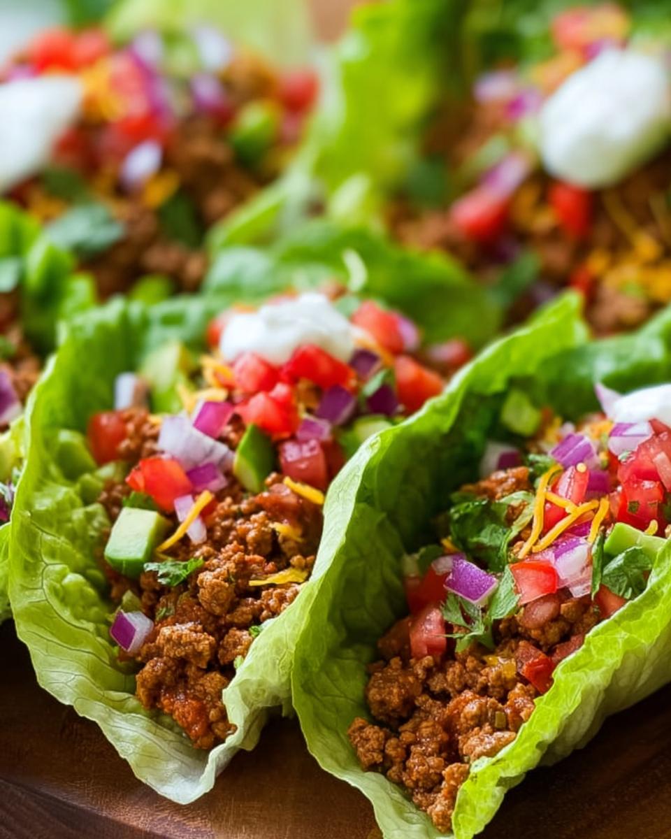 Close-up of several Turkey Taco Lettuce Wraps filled with seasoned ground turkey, diced tomatoes, red onion, and a dollop of sour cream.