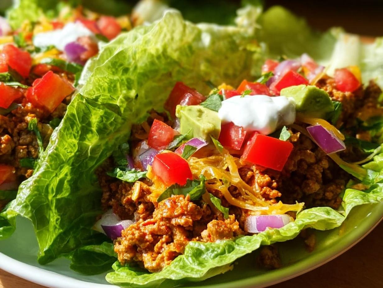 Close-up of vibrant Turkey Taco Lettuce Wraps filled with seasoned ground turkey, tomatoes, avocado, and sour cream.