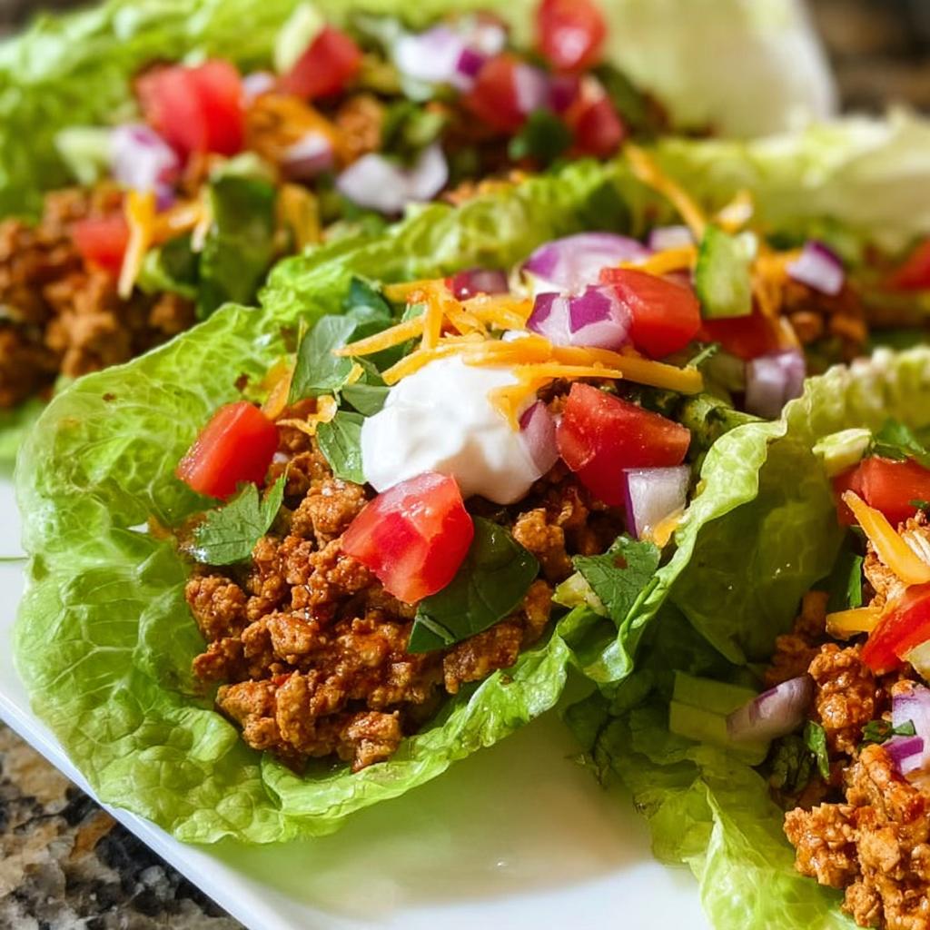 Three servings of Turkey Taco Lettuce Wraps filled with seasoned ground turkey, topped with sour cream, cheese, tomatoes, and red onion.