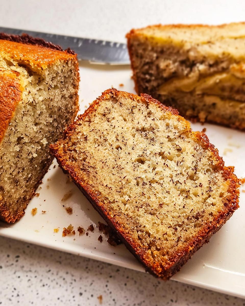 Close-up of a perfectly baked banana bread loaf, sliced to reveal moist texture and banana pieces.