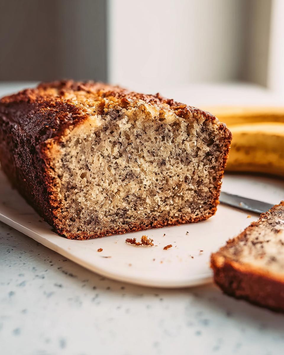 A close-up view of a sliced loaf of moist banana bread, showcasing its texture and banana flecks.