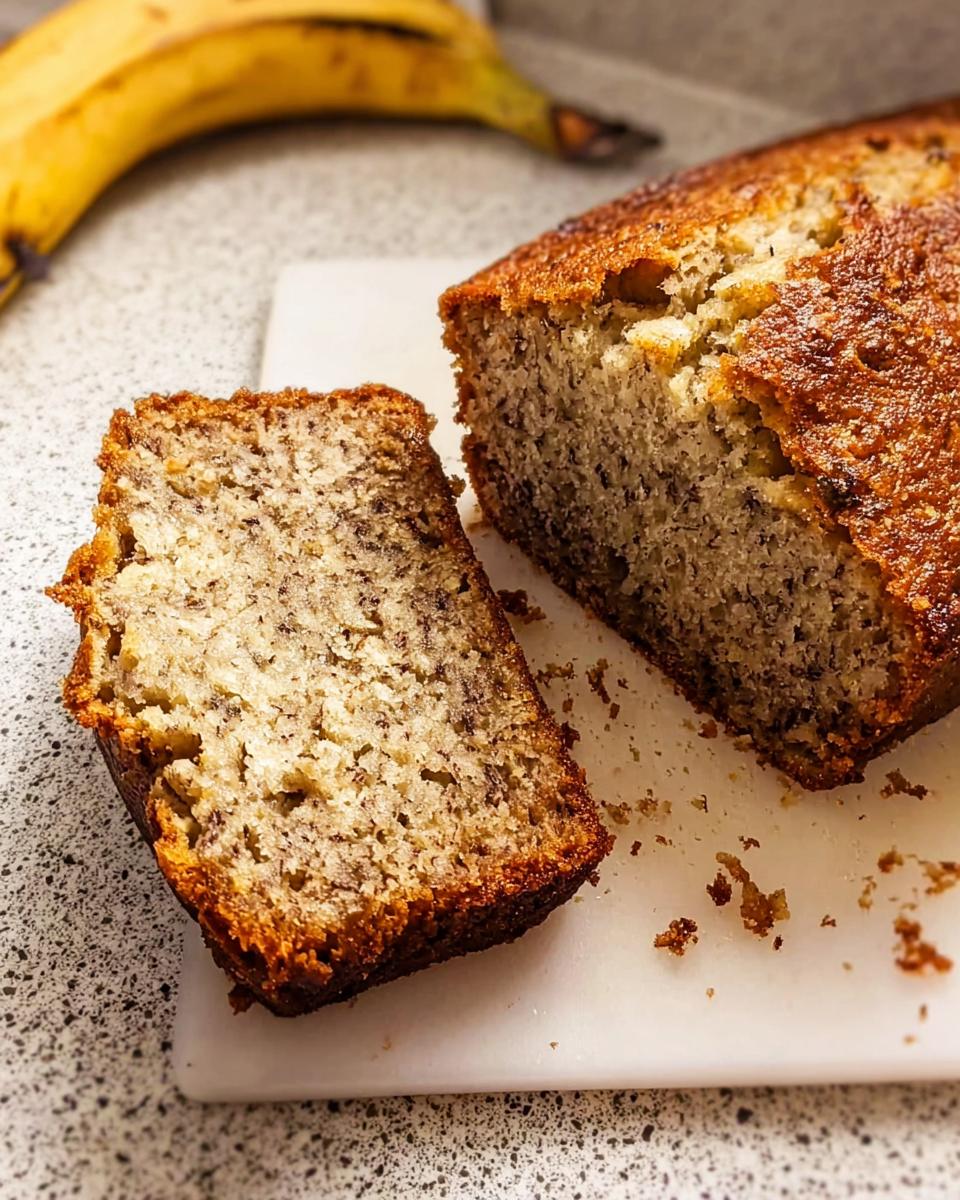 A slice of moist banana bread from the Ultimate Banana Bread Guide, with a whole banana in the background.