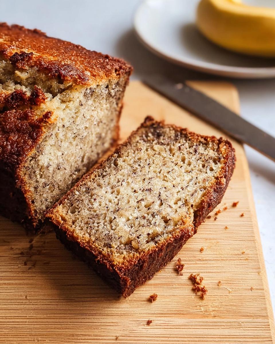 A close-up of a perfectly baked banana bread slice on a wooden board, showing its moist texture and banana flecks.