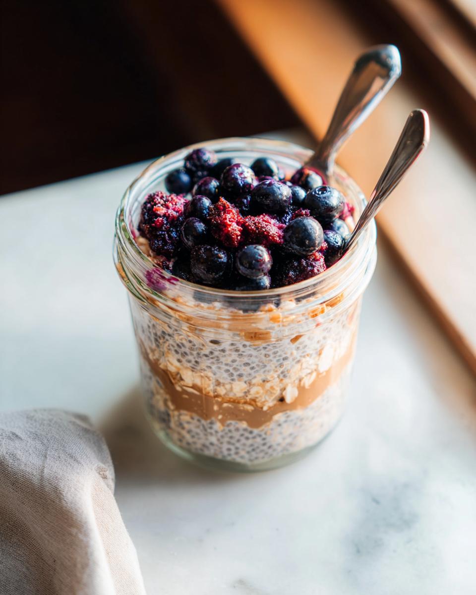 Overnight oats with chia seeds, oats, peanut butter, and topped with blueberries and raspberries, part of Ultimate Breakfast Ideas Guide.