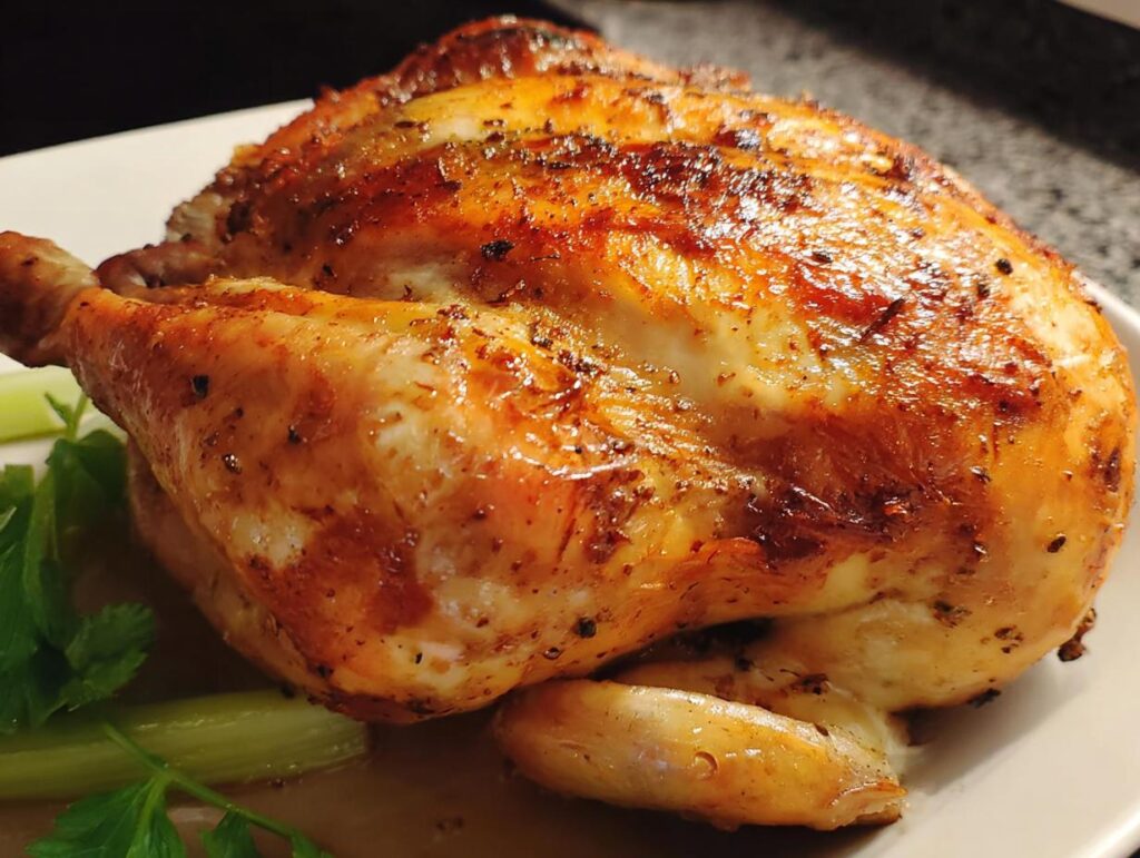 A perfectly roasted whole chicken with golden-brown skin, seasoned with herbs, ready for the Ultimate Chicken Guide.