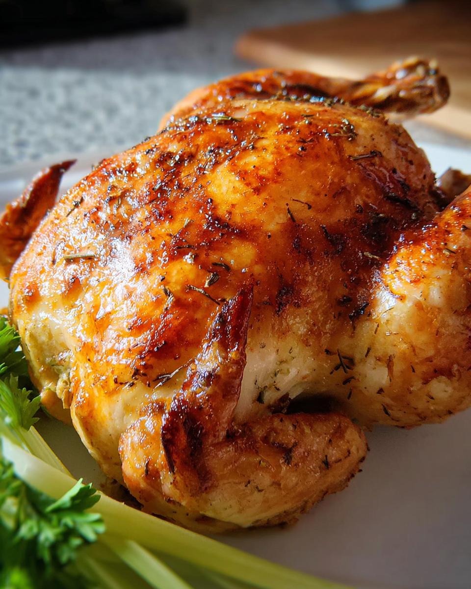A perfectly roasted whole chicken, golden brown and seasoned with herbs, ready for the Ultimate Chicken Guide.