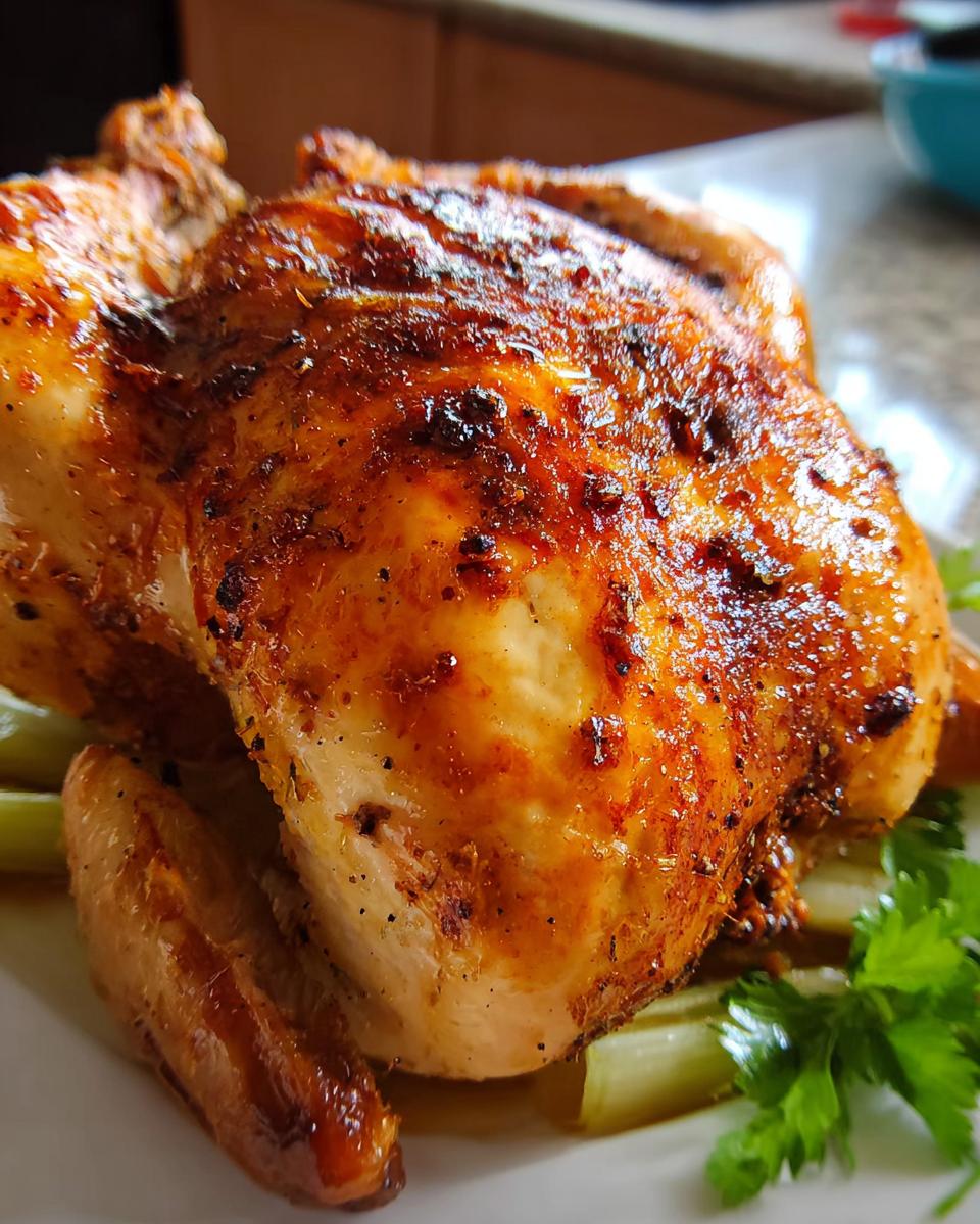 Close-up of a perfectly roasted whole chicken with crispy golden-brown skin, served on a bed of celery and garnished with parsley.