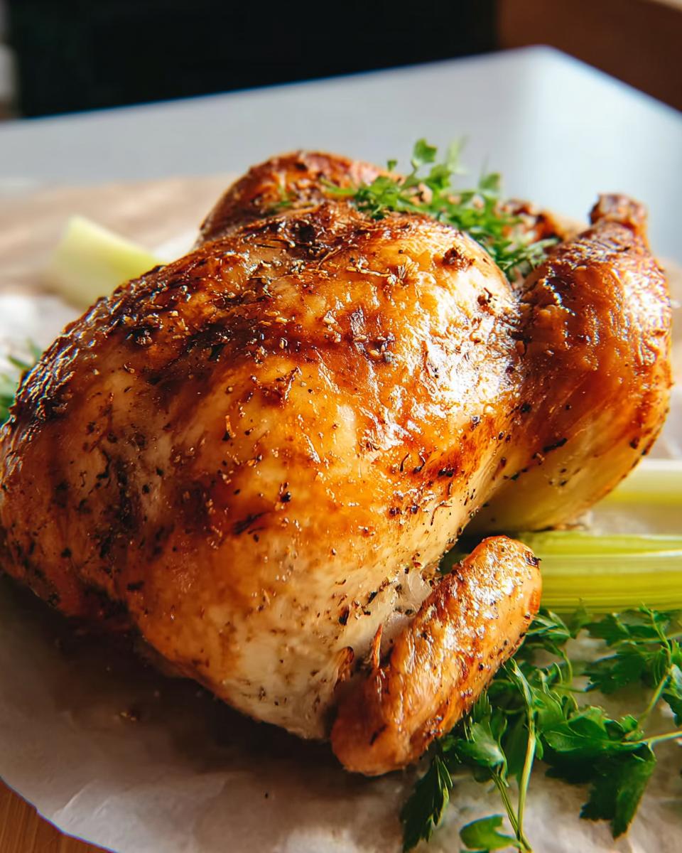 A perfectly roasted whole chicken, glistening and golden brown, seasoned with herbs and served with celery and parsley.