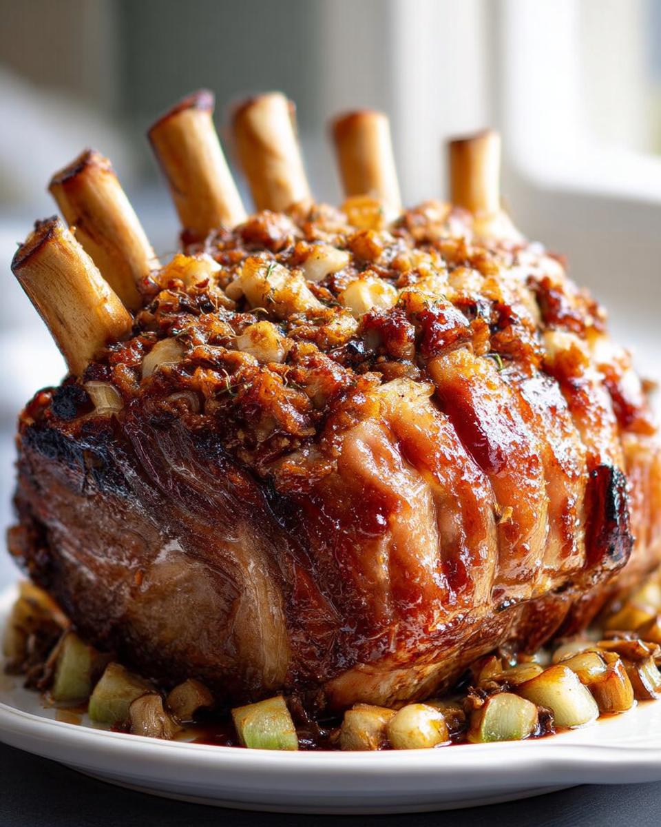 A close-up of a glorious roast with visible ribs, topped with a savory stuffing and surrounded by chopped vegetables.