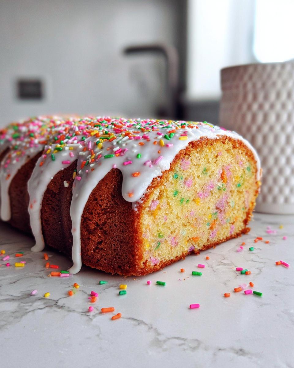 Close-up of a Vanilla Confetti New Year’s Cake loaf, sliced to show colorful sprinkles inside, topped with white glaze and sprinkles.
