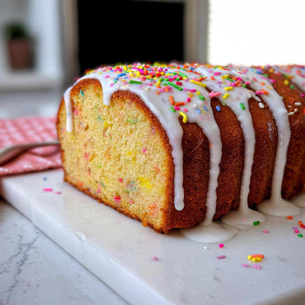A close-up of a slice of Vanilla Confetti New Year’s Cake with white glaze dripping down the sides and colorful sprinkles on top.