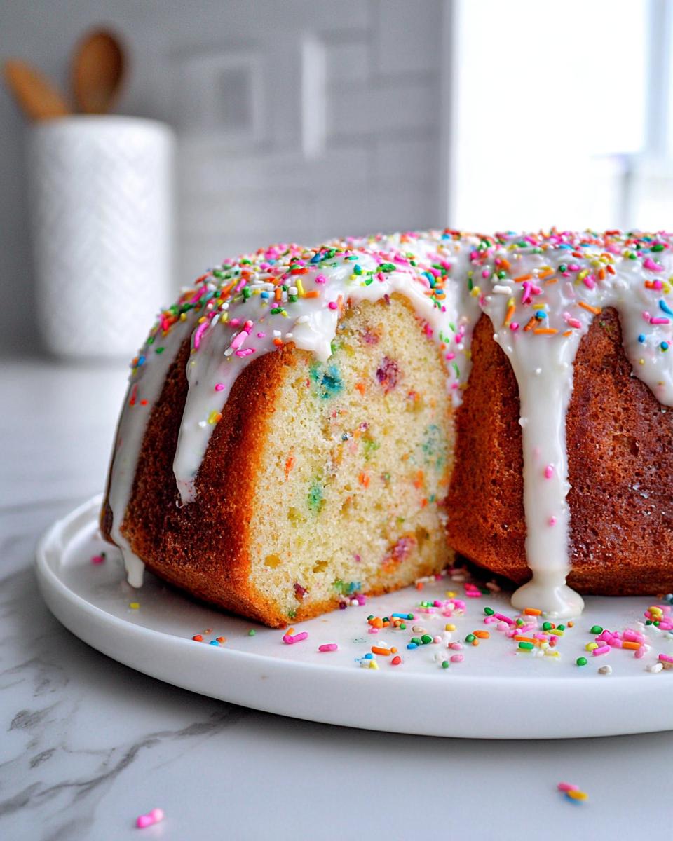 Close-up of a Vanilla Confetti New Year’s Cake, showing a slice cut out, covered in white glaze and colorful sprinkles.