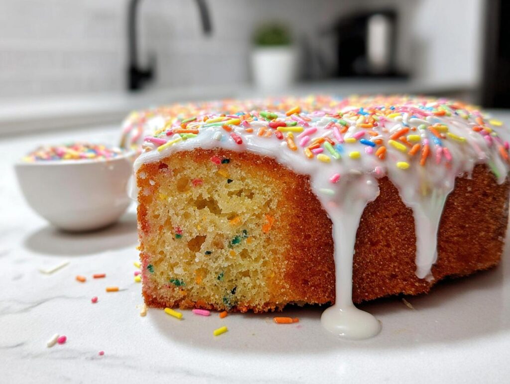 Close-up of a moist slice of Vanilla Confetti New Year’s Cake topped with white glaze and colorful sprinkles.
