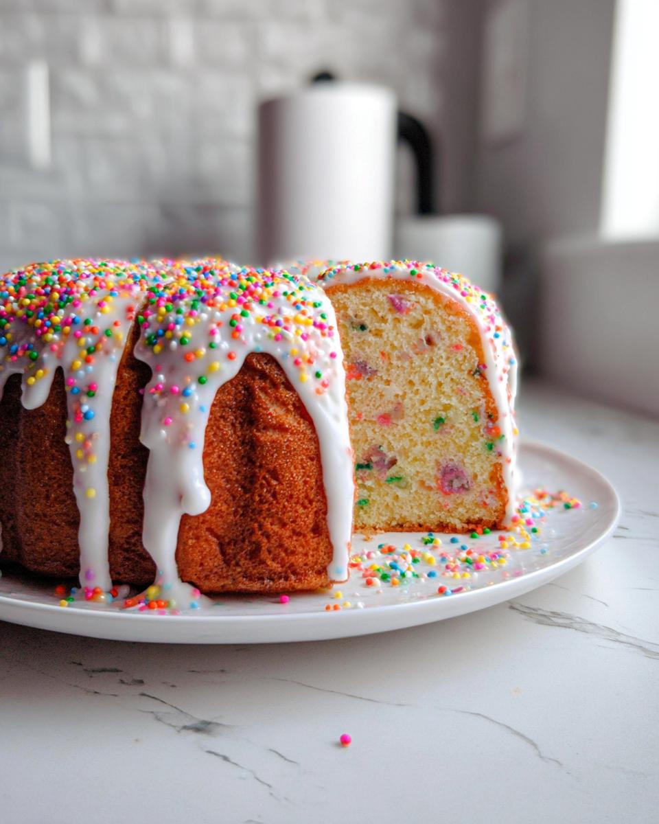 A slice cut from a Vanilla Confetti New Year’s Cake, topped with dripping white glaze and colorful sprinkles.