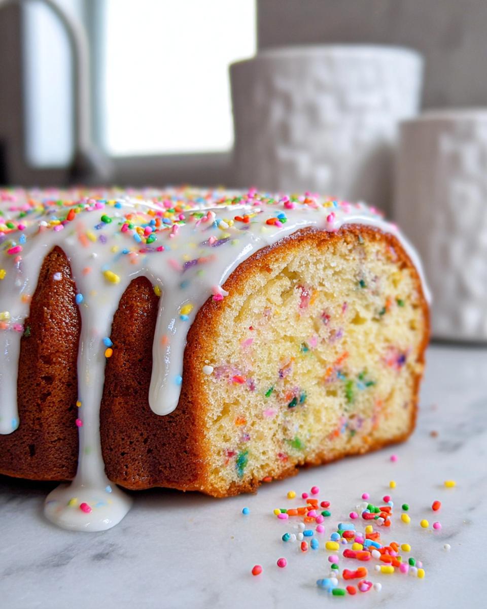 A close-up of a slice of Vanilla Confetti New Year’s Cake featuring colorful sprinkles baked inside and dripping white glaze on top.