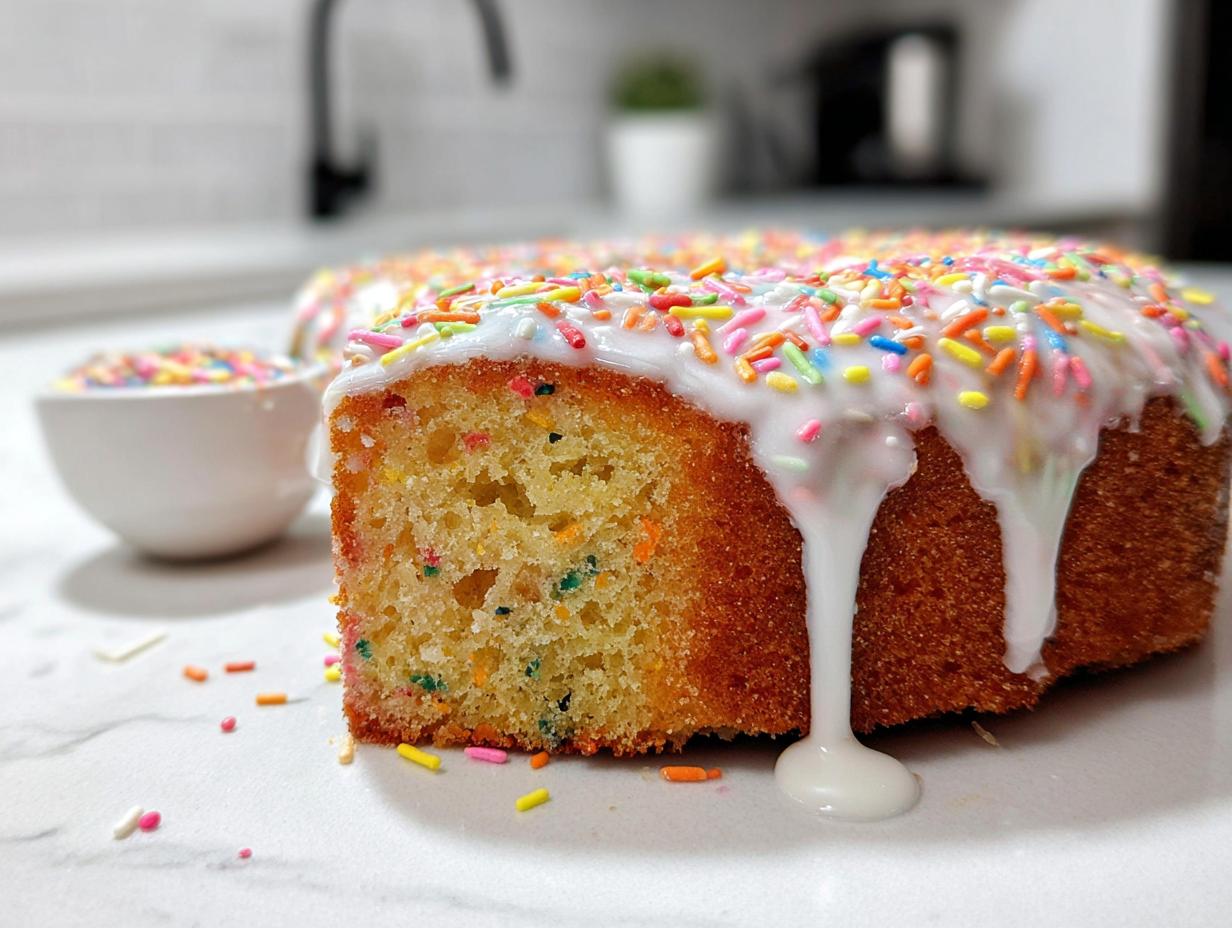 Close-up of a moist slice of Vanilla Confetti New Year’s Cake topped with white glaze and colorful sprinkles.