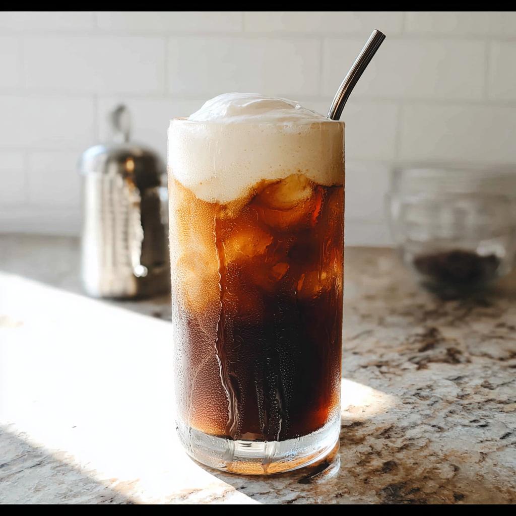 Tall glass of Vanilla Sweet Cream Cold Foam Cold Brew with ice and a metal straw.