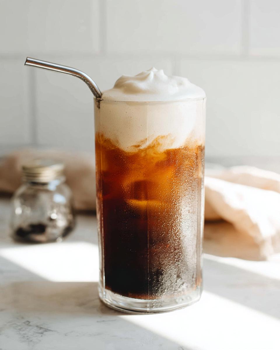 A tall glass of Vanilla Sweet Cream Cold Foam Cold Brew with thick foam topping and a metal straw.