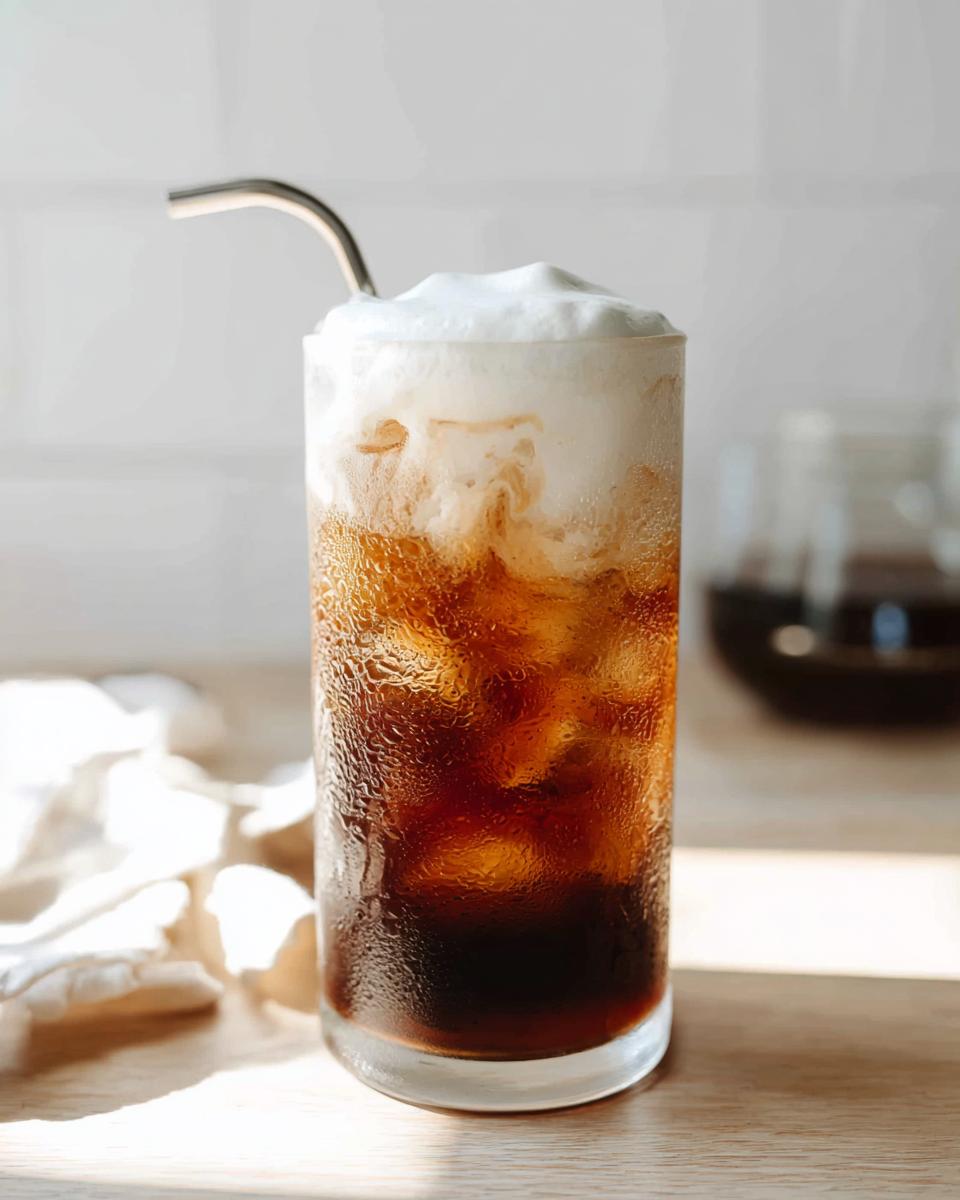 A tall glass of Vanilla Sweet Cream Cold Foam Cold Brew over ice, topped with thick white foam and a metal straw.