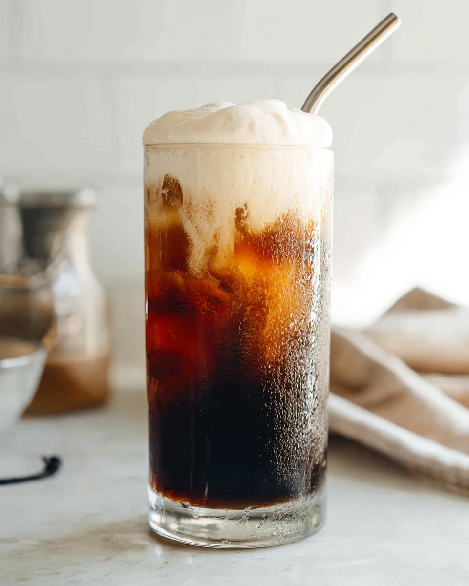A tall glass of Vanilla Sweet Cream Cold Foam Cold Brew with thick foam topping and a metal straw.