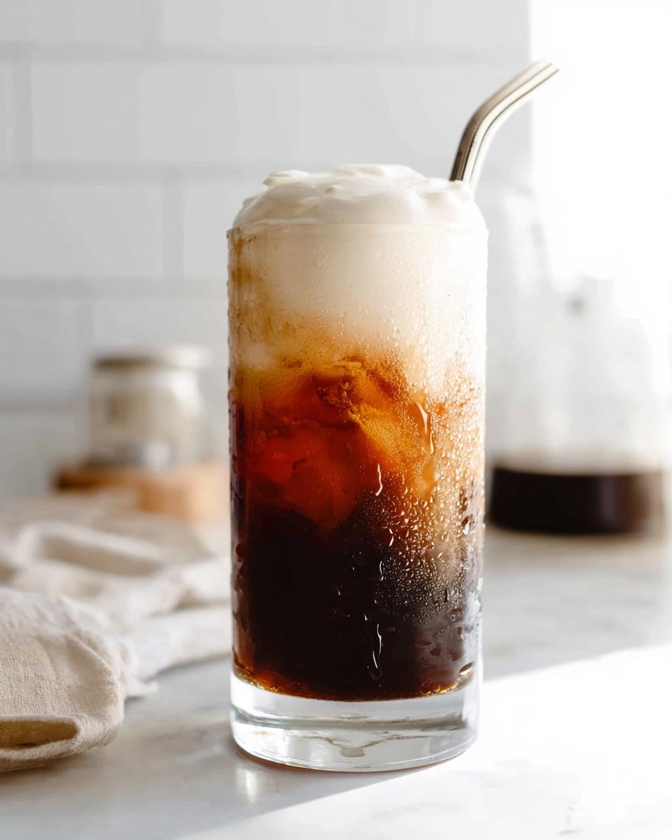 A tall glass filled with Vanilla Sweet Cream Cold Foam Cold Brew, showing dark coffee, ice, and thick white foam topping.