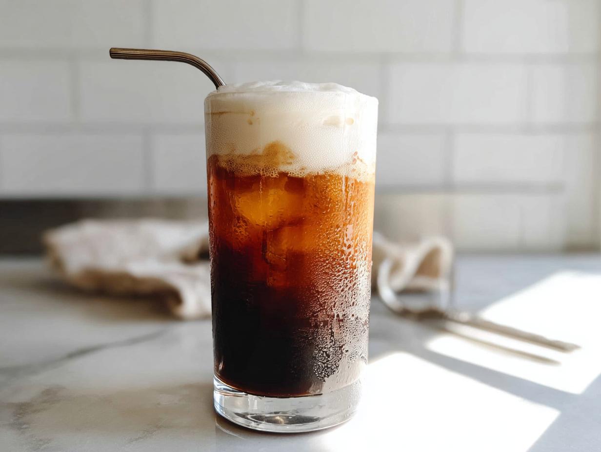 A tall glass of iced Vanilla Sweet Cream Cold Foam Cold Brew topped with thick foam and a metal straw.