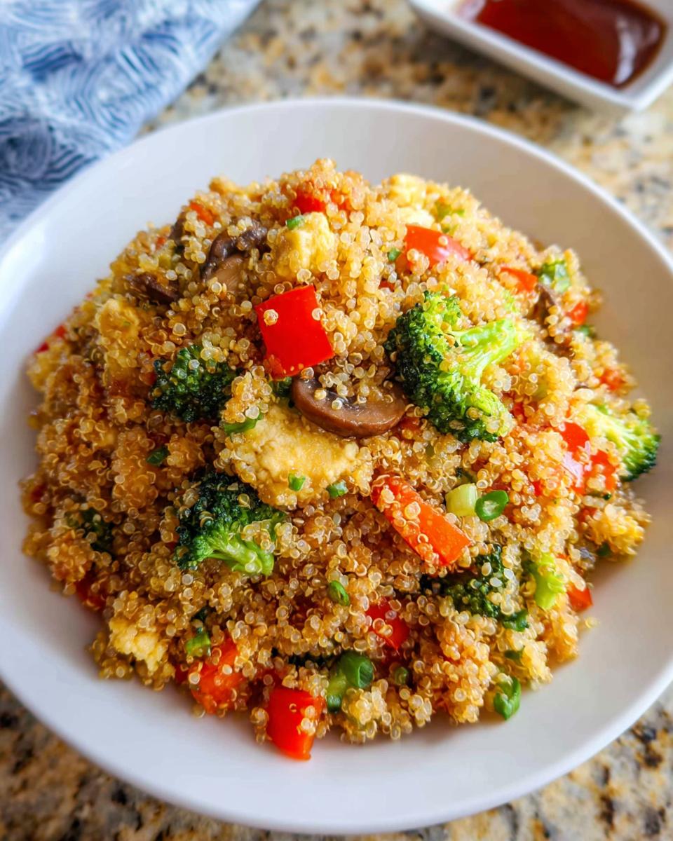 A close-up of a generous serving of Vegetable Quinoa Fried Rice mixed with broccoli, red peppers, mushrooms, and tofu in a white bowl.