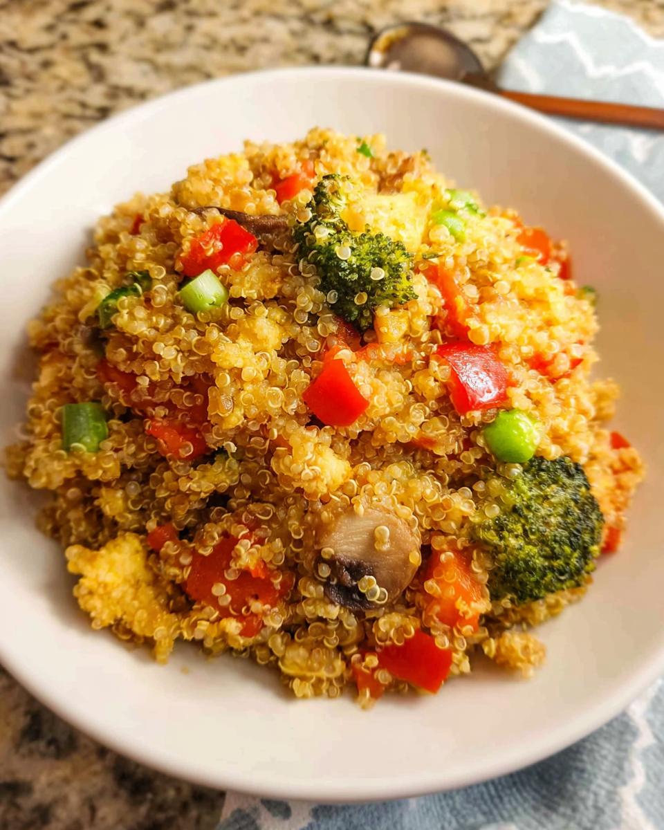 Close-up of a white bowl filled with colorful Vegetable Quinoa Fried Rice, featuring quinoa, broccoli, red peppers, and mushrooms.