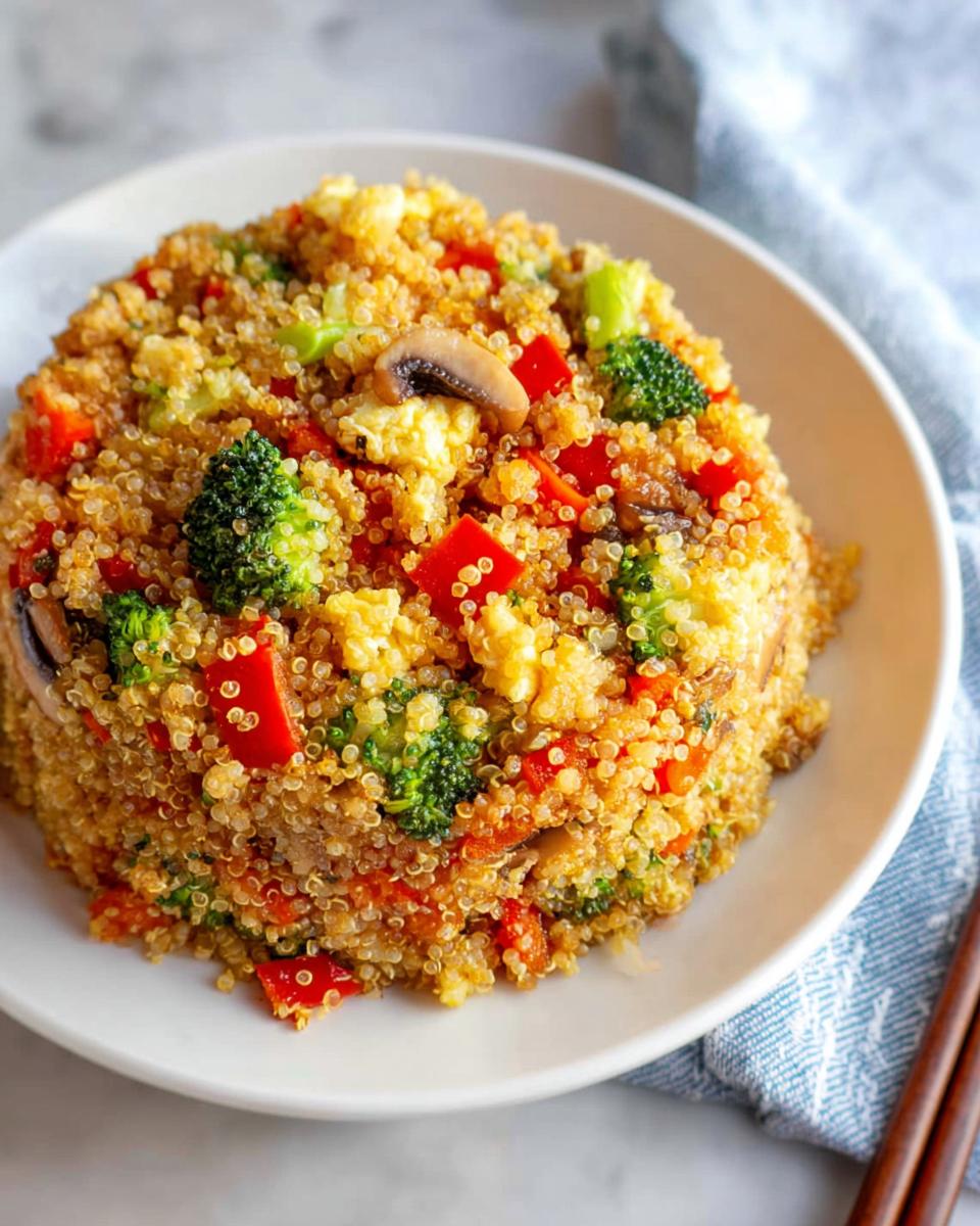 A mound of colorful Vegetable Quinoa Fried Rice served on a white plate, featuring broccoli, red peppers, and mushrooms.