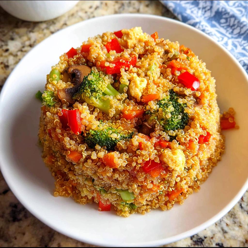 A molded serving of colorful Vegetable Quinoa Fried Rice featuring broccoli, red peppers, and mushrooms in a white bowl.