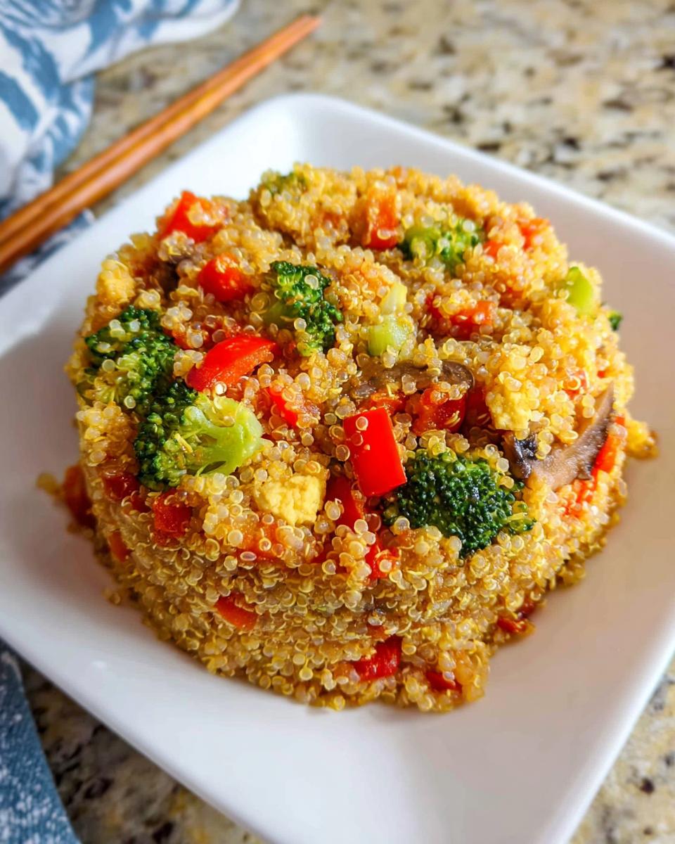 A molded serving of Vegetable Quinoa Fried Rice featuring bright red peppers and green broccoli florets on a white square plate.
