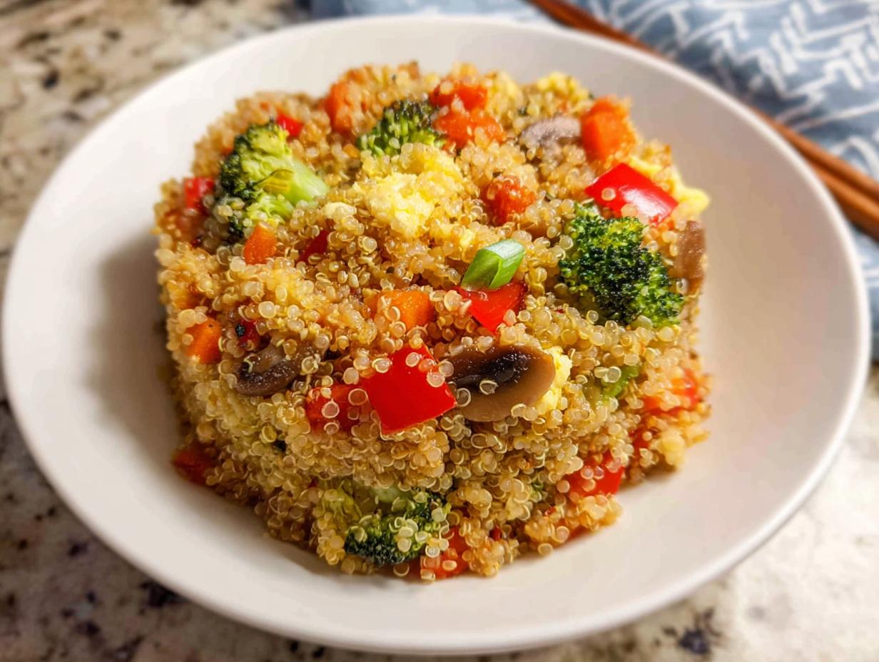 A molded serving of colorful Vegetable Quinoa Fried Rice featuring broccoli, carrots, red peppers, and mushrooms.