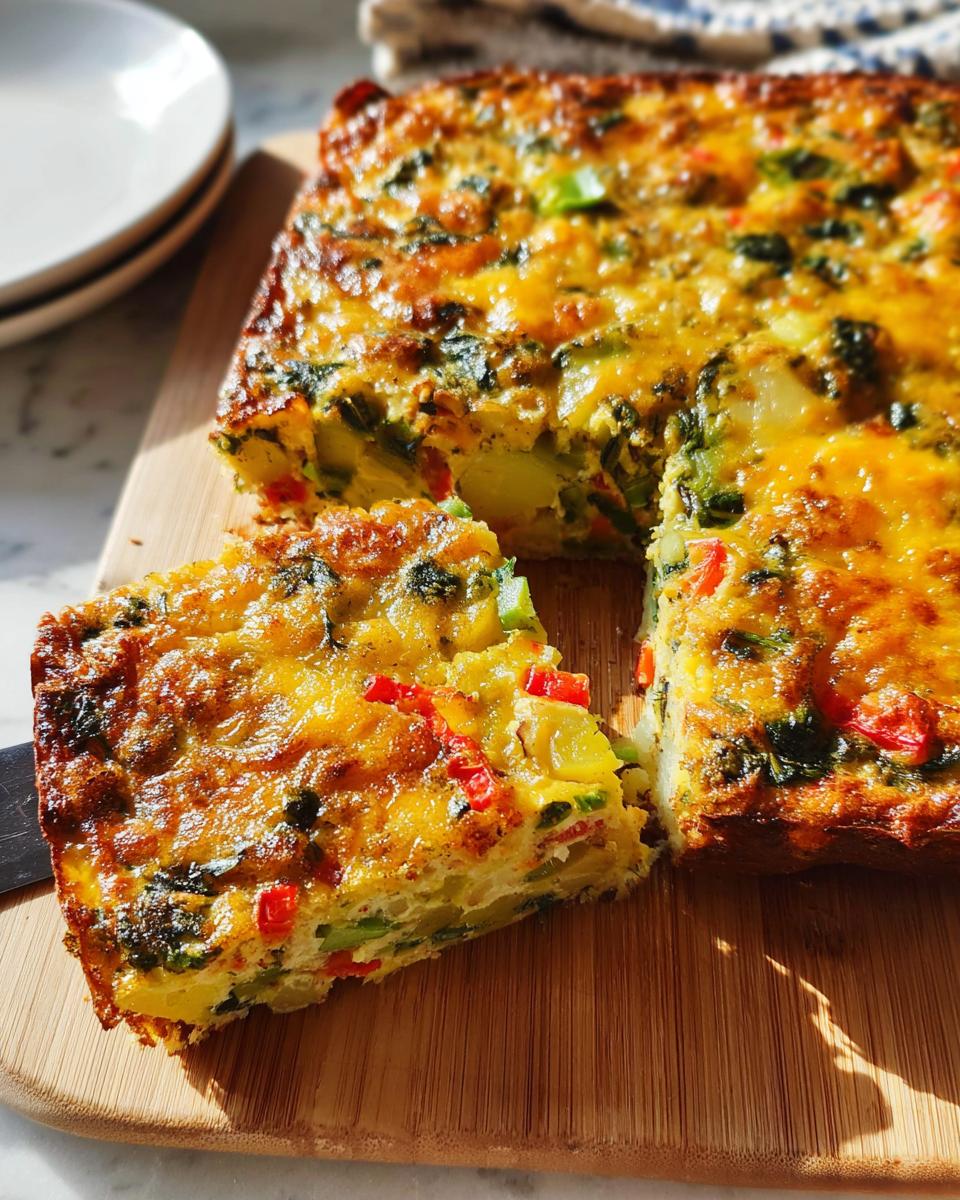 A golden-brown slice cut from a baked Veggie Breakfast Casserole (Spinach, Pepper, Onion) on a wooden cutting board.