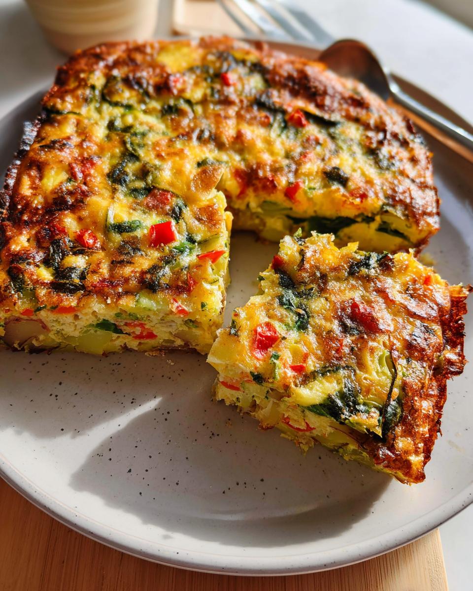 A square slice cut from a golden-brown Veggie Breakfast Casserole filled with spinach, peppers, and onion on a speckled plate.