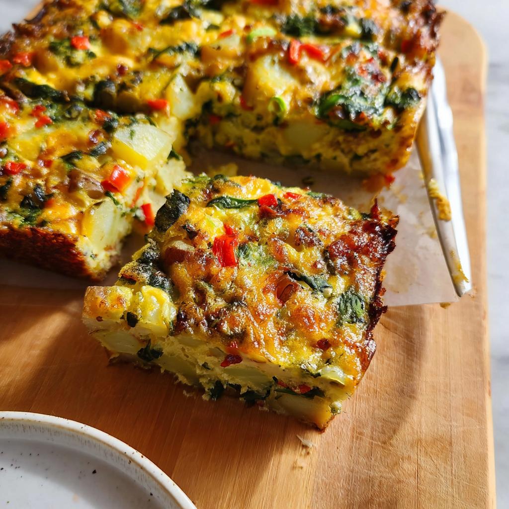 A thick slice of golden-brown Veggie Breakfast Casserole featuring potatoes, spinach, and red peppers, served on a wooden board.