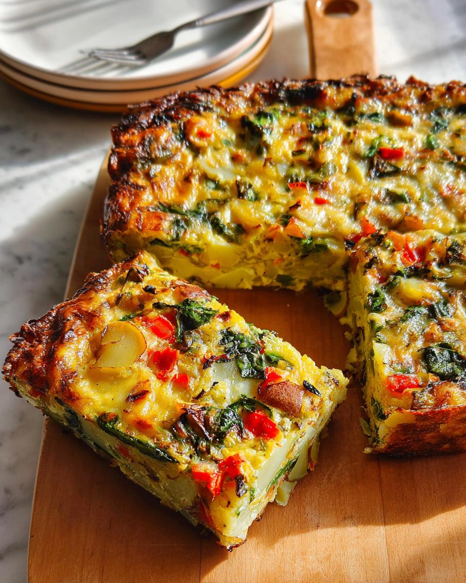 A thick slice of Veggie Breakfast Casserole featuring potatoes, spinach, and red peppers, sitting next to the main portion.