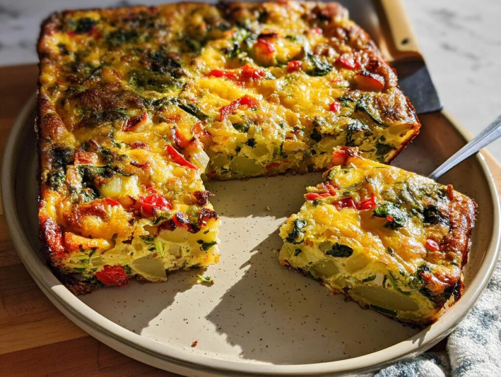 A square slice of golden Veggie Breakfast Casserole featuring potatoes, spinach, and red peppers, served on a plate.