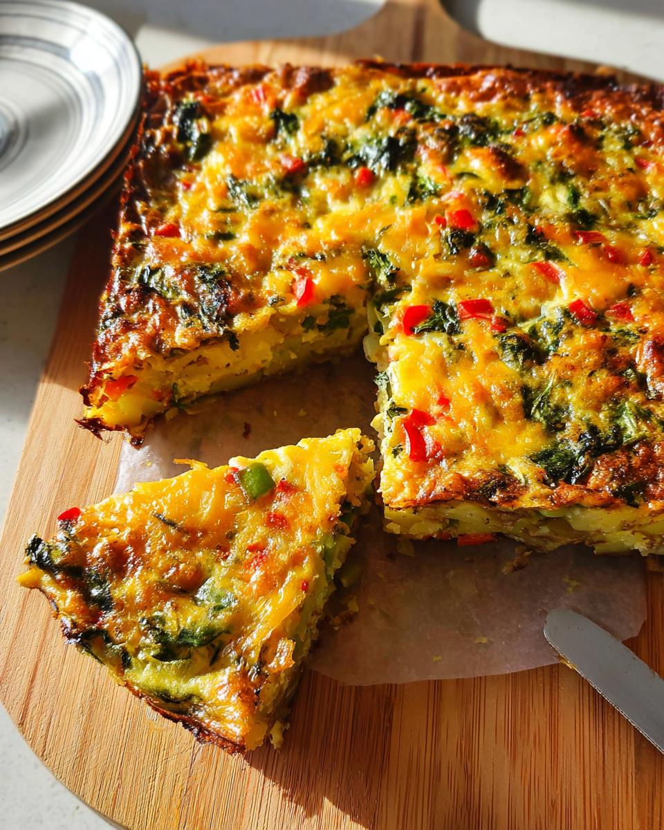 A square Veggie Breakfast Casserole, rich with cheese, spinach, and red peppers, with one slice cut out.