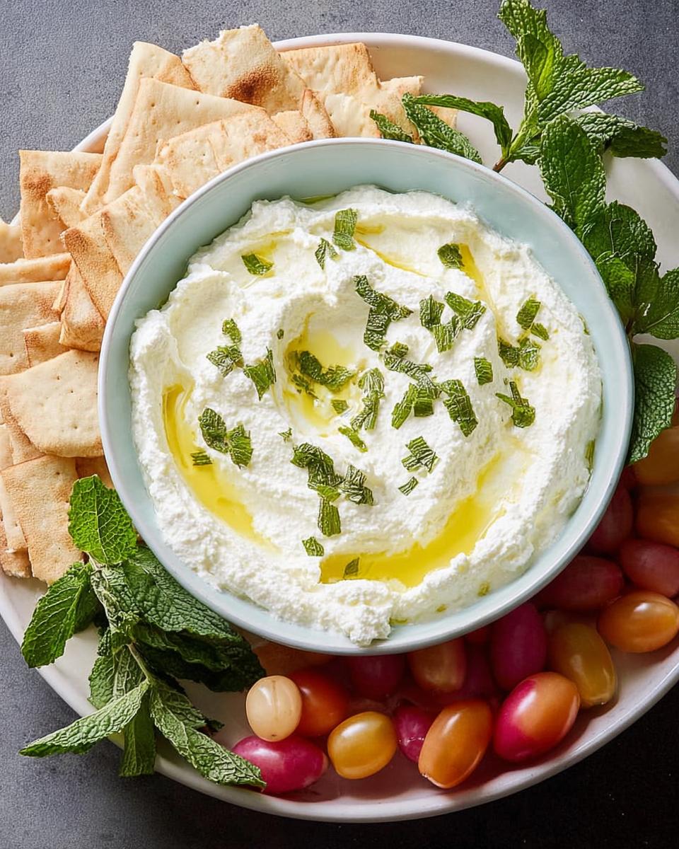 A bowl of creamy whipped feta dip topped with olive oil and mint, served with pita chips and cherry tomatoes, perfect for NYE snacks.