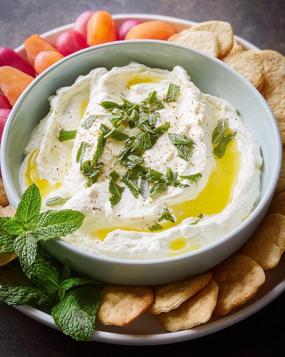 A bowl of creamy whipped feta dip topped with olive oil and fresh mint, served with pita chips and vegetables for one of the 25 Best NYE Snacks for a Crowd.