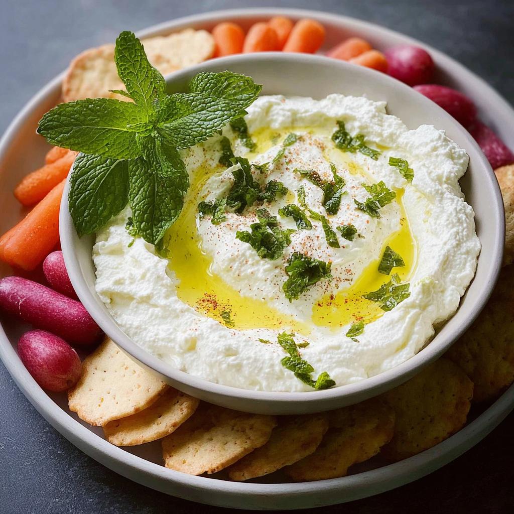 Bowl of creamy whipped feta dip topped with olive oil, mint, and spices, served with crackers and vegetables for NYE snacks for a crowd.