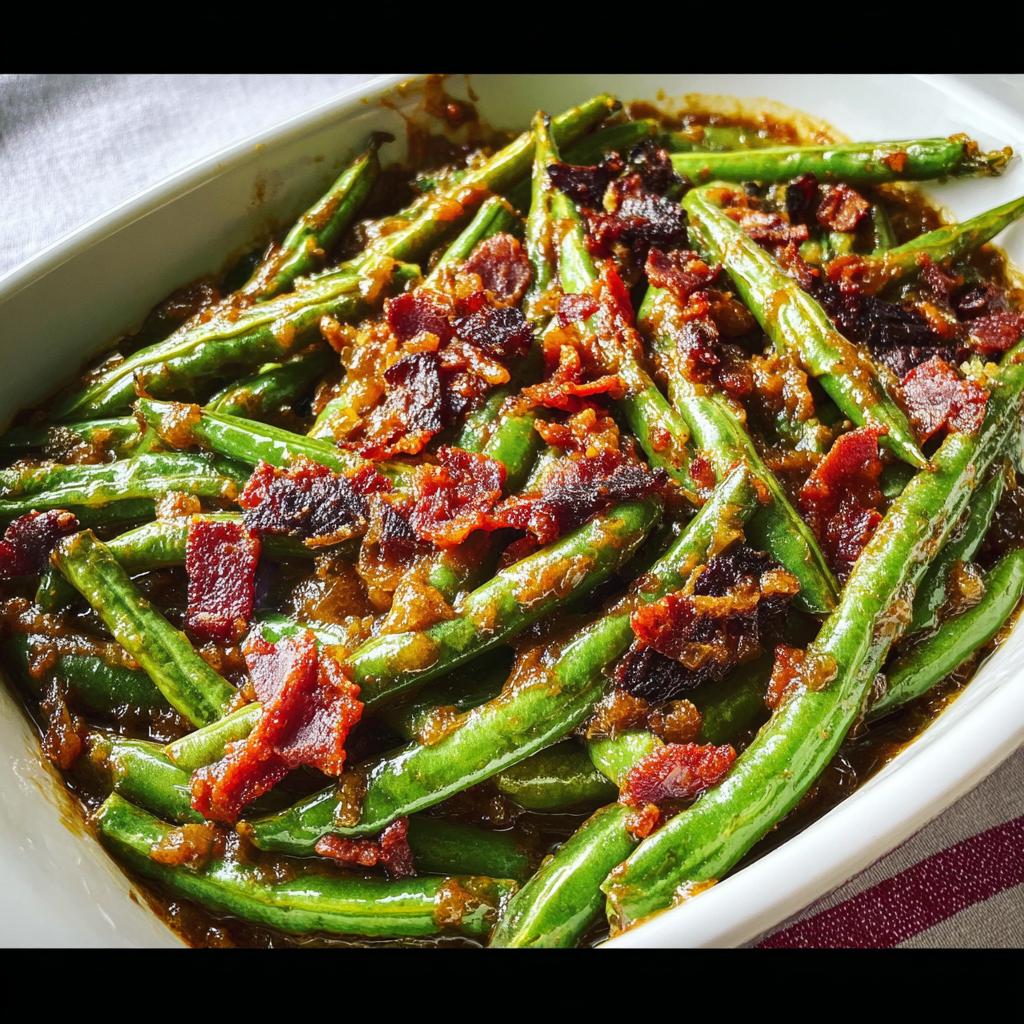 Close-up of bright green beans coated in a savory sauce and topped with crispy bacon pieces, part of the 5-Ingredients Crack Green Beans recipe.