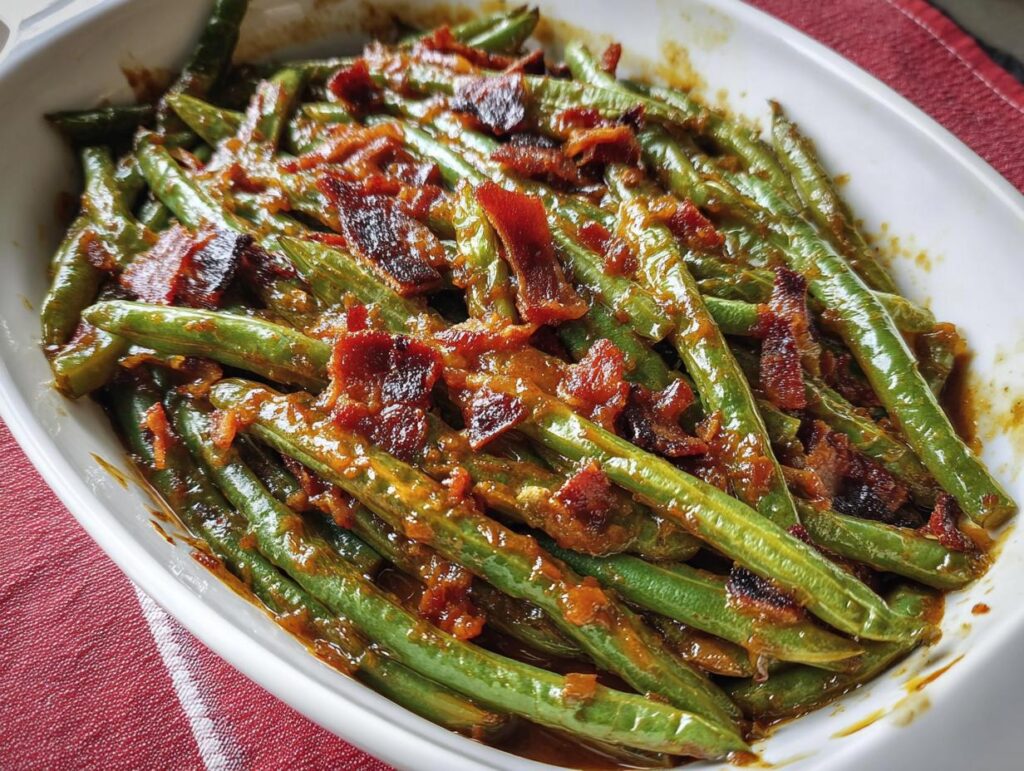 Close-up of glossy green beans coated in a savory sauce and topped with crispy bacon pieces, ready to serve.