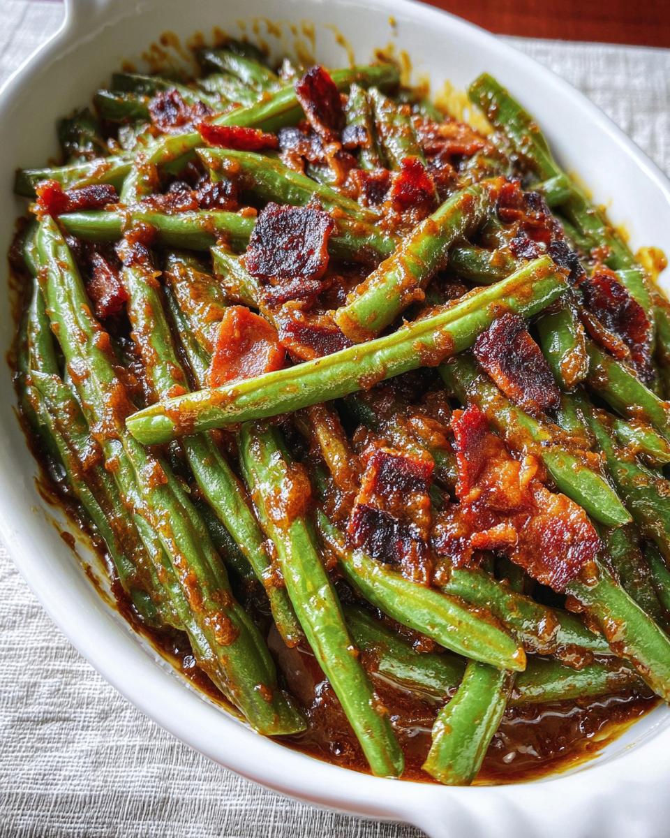Close-up of bright green beans coated in a rich, savory sauce and topped with crispy bacon pieces, part of the 5-Ingredients Crack Green Beans recipe.